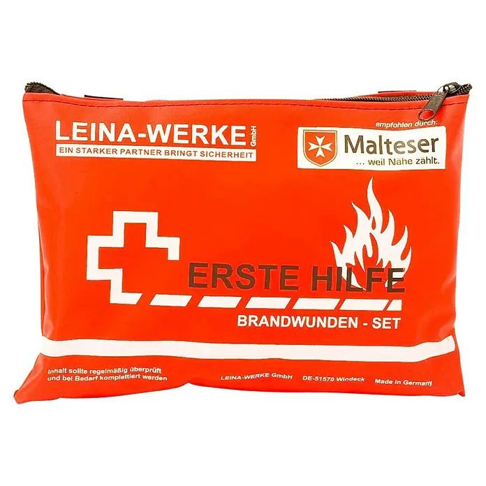 Leina-Werke Brandwunden-Set - 14 -tlg. - Eine rote Erste-Hilfe-Tasche von LEINA-WERKE, spezialisiert auf Brandwunden. Ideal für schnelle Hilfe bei Verbrennungen.