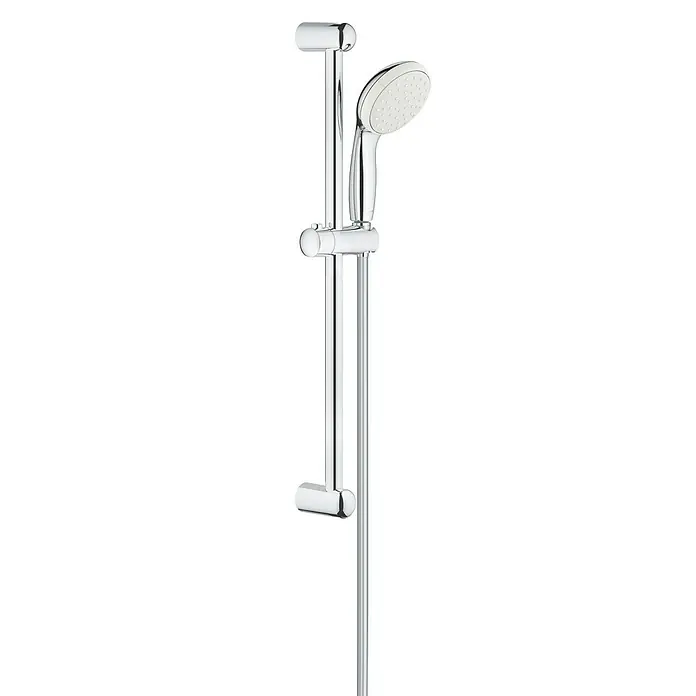Grohe Tempesta 100 Brausegarnitur - Lochabstand: 62 cm, Art Strahl: Rain, Chrom, Anzahl Strahlarten: 1 Stk. - Detaillierte Nahaufnahme einer glänzenden Chrom-Duschstange mit Handbrause, ideal für moderne Badezimmerdesigns.