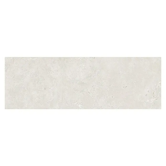 Revestimiento de pared Geo - 30 x 90 cm, Blanco, Mate, Rectificado - Vista detallada de una baldosa de travertino clara y texturizada, ideal para interiores modernos. El grano sutil añade un toque elegante a cualquier espacio.