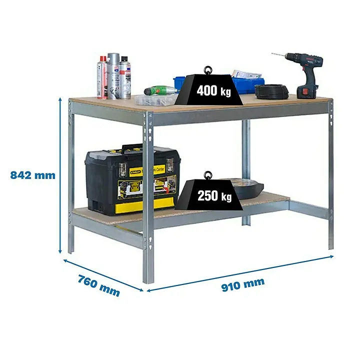 Simonrack Simonwork Werkbank BT0 900 - L x B: 76 x 91 cm, Arbeitshöhe: 84,2 cm, Belastbarkeit: 650 kg, Silber - Abbildung eines Werkstatttisches mit den Abmessungen 842 mm Höhe, 760 mm Tiefe und 910 mm Breite und einer maximalen Traglast von 400kg oben und 250kg unten.
