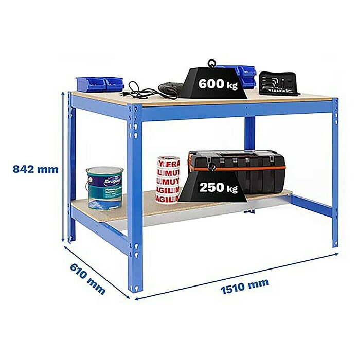 Simonrack Simonwork Banco de trabajo BT0 (L x An: 61 x 151 cm, Altura de trabajo: 84,2 cm, Carga soportada: 850 kg, Azul) | BAUHAUS