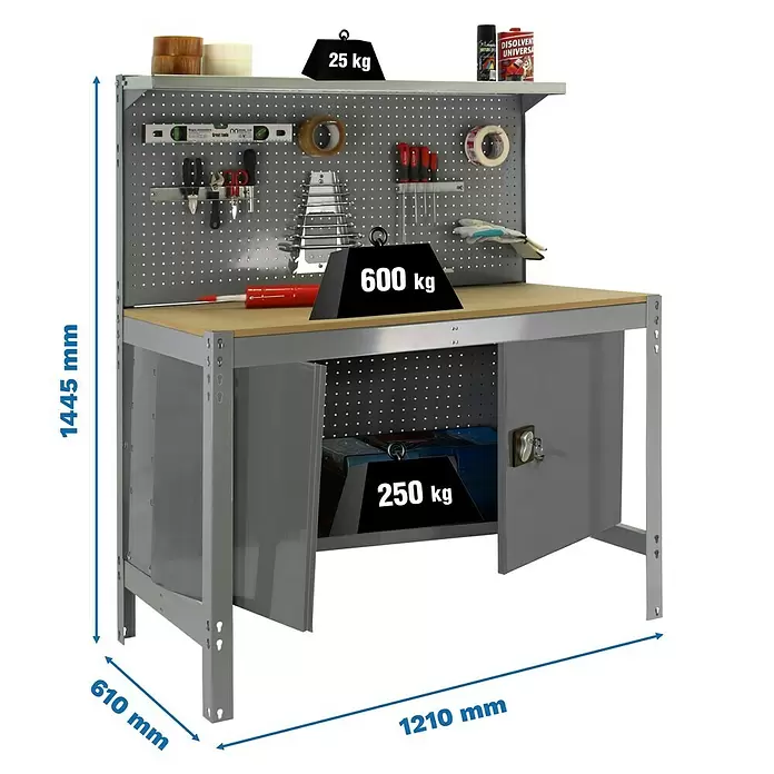 Simonrack Simonwork Werkbank BT-3 Cabinet 1200 - L x B: 61 x 121 cm, Arbeitshöhe: 144,5 cm, Belastbarkeit: 750 kg, Grau - Graue Werkbank mit Holzplatte, Lochwand und abschließbaren Schränken. Maße: 1445x1210x610mm. Traglast: Ablage 25kg, Werkbank 600kg, Schrank 250kg.