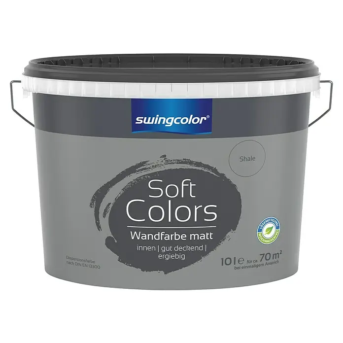 swingcolor Soft Colors Wandfarbe - Shale, Matt, 10 l - Abbildung eines Eimers Swingcolor Soft Colors Wandfarbe matt in Schiefergrau, 10 l, für Innenräume, hohe Deckkraft, ergiebig.