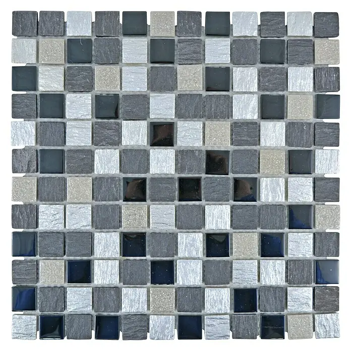 Mosaikfliese Quadrat Crystal Mix XCM HQ28 - 30 x 30 cm, Grau/Schwarz, Matt - Nahaufnahme eines quadratischen Mosaiks mit grauen, schwarzen und silbernen Steinen, die eine glatte und strukturierte Oberfläche zeigen.