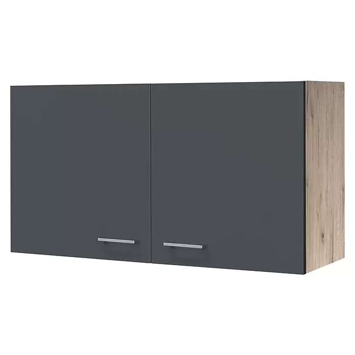 Flex-Well Tiago Singleküche Typ 1 - Breite: 210 cm, Grau, Mit Elektrogeräten - Zweitüriger Küchenoberschrank mit grauen Fronten, heller Holzseitenwand und silbernen Griffen.