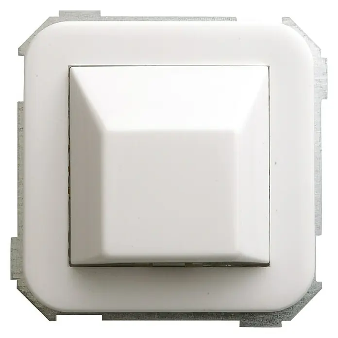 Simon 31 Tapa ciega salida cables - Blanco, Plástico, Montaje en la pared - Primer plano de un interruptor de luz blanco, cuadrado e individual con esquinas redondeadas y marco metálico gris.