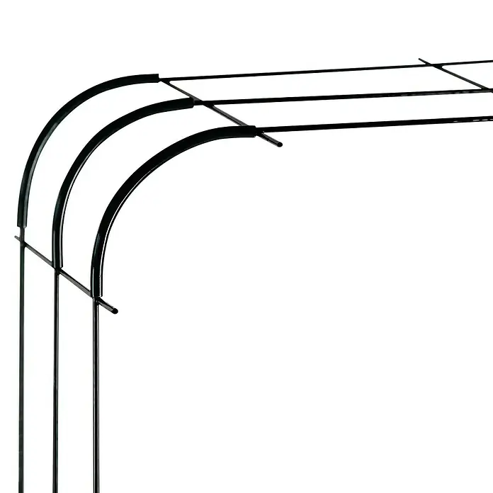 Bellissa Rankhilfe Andybell M - 73 x 70 cm, Stahl, Grün - Nahaufnahme einer schwarzen Gartenlaube mit gebogenen Metallrahmen und einem Gittermuster.