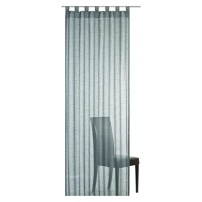 Elbersdrucke Schlaufenschal Effecto - 140 x 255 cm, 100 % Polyester, Anthrazit - Blaugrüne Gardine mit Schlaufenaufhängung an einer Stange, die einen Stuhl dahinter leicht verdeckt. Dezenter Fensterschmuck für Wohnräume.