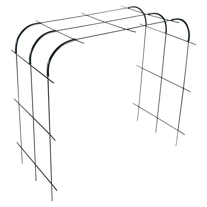 Bellissa Rankhilfe Andybell S - 42 x 70 cm, Stahl, Grün - Das Bild zeigt einen robusten, dunklen Pflanzbogen aus Metall, ideal für die Unterstützung von Kletterpflanzen im Garten. Ein dekoratives Gartenelement.