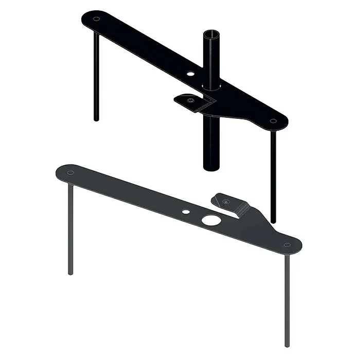 Bellissa Pflanzstab Schmetterling - L x B x H: 23 x 23 x 13 cm - Das Bild zeigt eine detaillierte Darstellung eines schwarzen Metallprodukts, möglicherweise ein Bauteil oder eine Halterung mit zylindrischen Stützen.