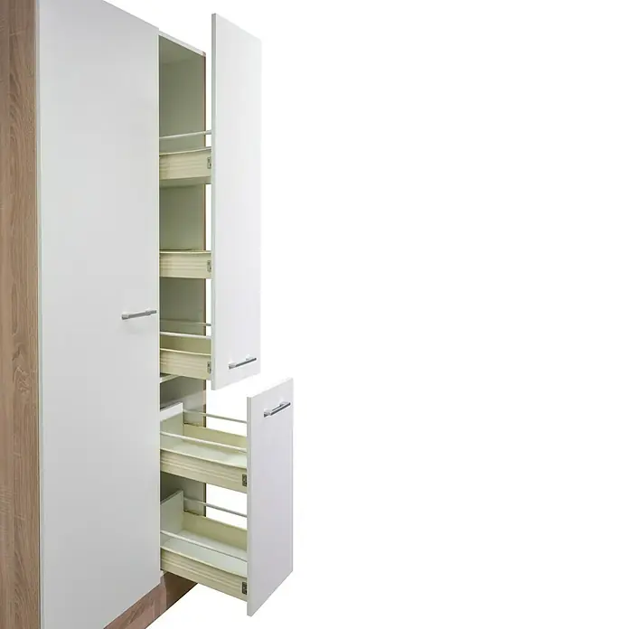 Flex-Well Samoa Apotheker-Hochschrank Samoa - B x T x H: 30 x 57 x 200 cm, Weiß - Küchenschrank mit Auszügen. Weißer Küchenschrank mit Holzstruktur an der Seite und mehreren Auszügen für einfachen Zugriff auf den Inhalt.