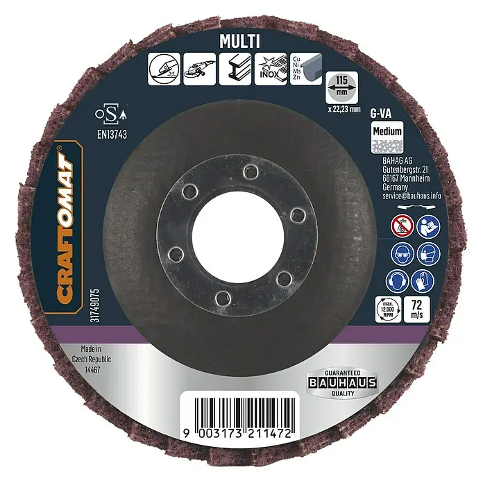 Craftomat Fächerscheibe G-VA Medium - Durchmesser Scheibe: 115 mm - Schleifmopteller CRAFTOMAT Multi, 115 mm Durchmesser, für Metall, Edelstahl, NE-Metalle und Holz, für Winkelschleifer.
