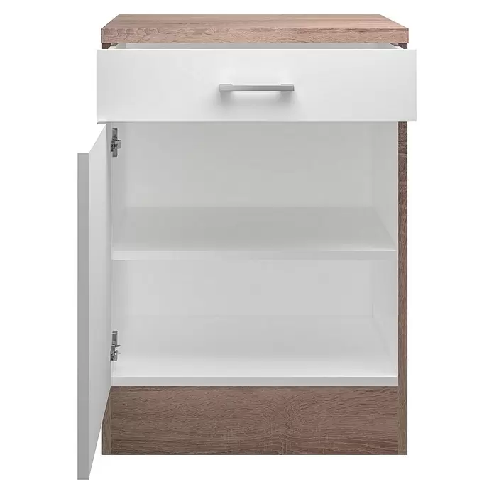 Flex-Well Samoa Küchen-Unterschrank Samoa - B x T x H: 60 x 60 x 85 cm, Weiß - Kleiner Schrank mit Holzoptik oben, unten und Seiten, sowie weißer offener Schublade und Tür. Innen zwei weiße Ablagen.