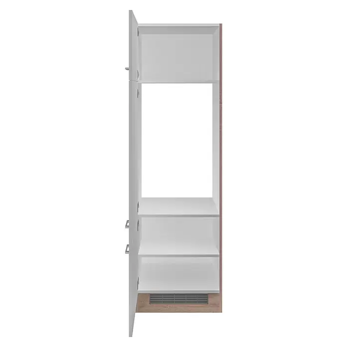 Flex-Well Samoa Geräteumbauschrank Samoa - B x T x H: 60 x 57 x 200 cm, Weiß - Weißer Hochschrank mit offenen Türen, mehreren Regalböden, einem hellen Holzrahmen und einem Lüftungsgitter unten.