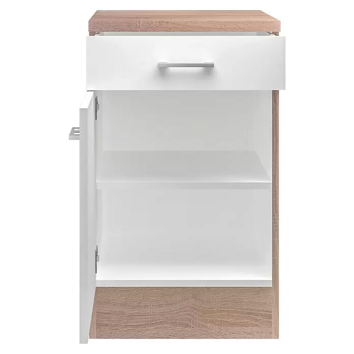 Flex-Well Samoa Küchen-Unterschrank Samoa - B x T x H: 50 x 60 x 85 cm, Weiß - Kleiner Schrank mit Holzoptik-Ober-/Unterseite, weißer Schublade mit silbernem Griff und offenem Fach mit Regal.