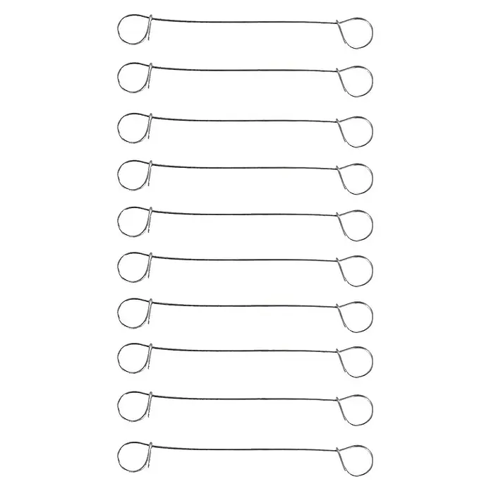 Bellissa Verbinder Rankturm - 10 -tlg. - Eine Nahaufnahme von zehn silberfarbenen Verschlussdrähten mit Schlaufen an beiden Enden, die sich auf einem schwarzen Hintergrund befinden.