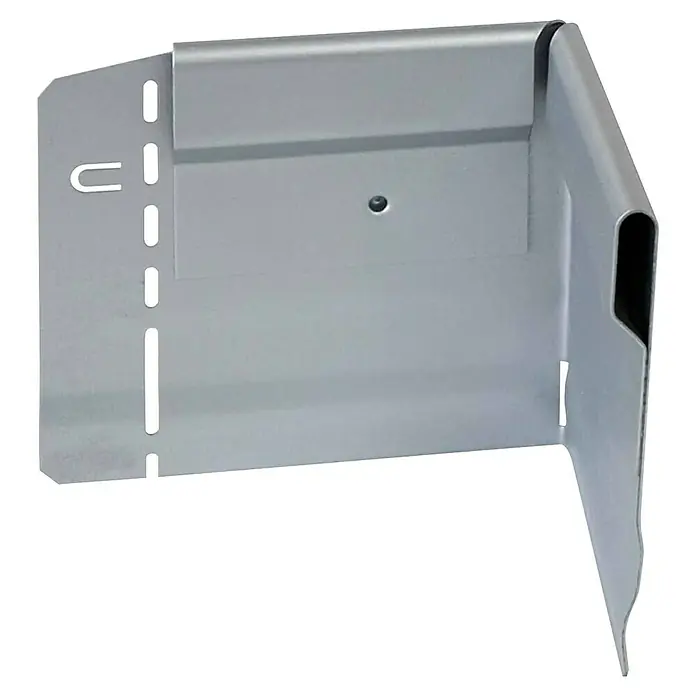 Bellissa Eckverbinder Pro - 13 x 10 x 13 cm, Silbergrau - Nahaufnahme einer grauen Wandhalterung aus Metall mit Löchern zur Befestigung und einem abgewinkelten Design.