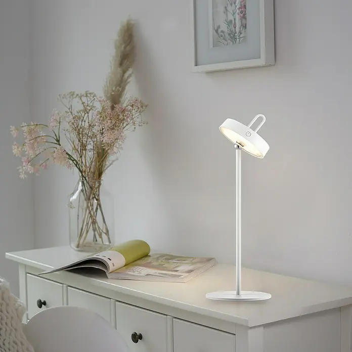 Paul Neuhaus Lámpara de sobremesa LED Amag - 1,5 W, L x An x Al: 15 x 15 x 47,2 cm, Blanco, Blanco cálido - Elegante lámpara de mesa inalámbrica en blanco. Perfecta para una mesita de noche o un escritorio. Crea un ambiente acogedor.