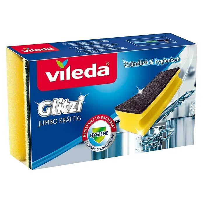 Vileda Glitzi Spülschwamm Jumbo kräftig - 3 Stk. - Bild von Vileda Glitzi Jumbo Spülschwamm, antibakteriell und ideal für die Reinigung großer Flächen.