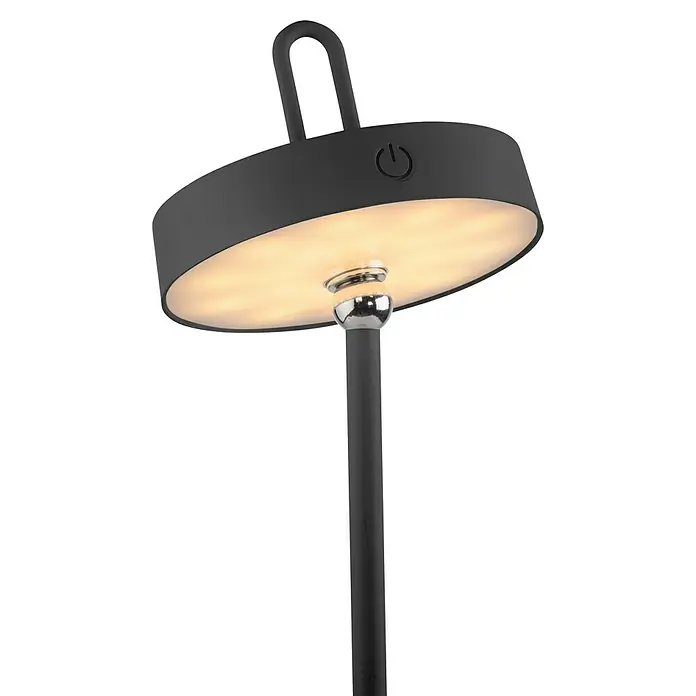 Paul Neuhaus Lámpara de sobremesa LED Amag - 1,5 W, L x An x Al: 15 x 15 x 47,2 cm, Negro, Blanco cálido - Un primer plano de una lámpara de mesa gris con una luz que brilla desde abajo, añadiendo un toque moderno.