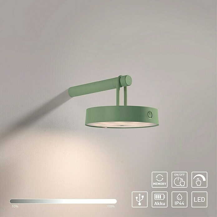 Just Light Aplique de pared con batería Arma (12,8 x 19 x 8,7 cm, Verde, Blanco cálido, 15 W, IP44) | BAUHAUS