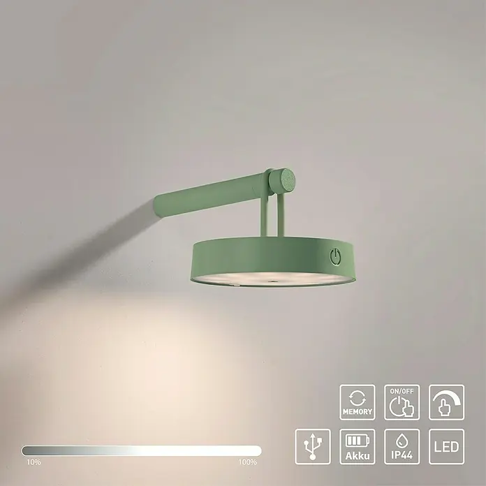 Just Light Aplique de pared con batería Arma - 12,8 x 19 x 8,7 cm, Verde, Blanco cálido, 15 W, IP44 - Lámpara de pared LED verde con función de atenuación y puerto USB para un ambiente acogedor.
