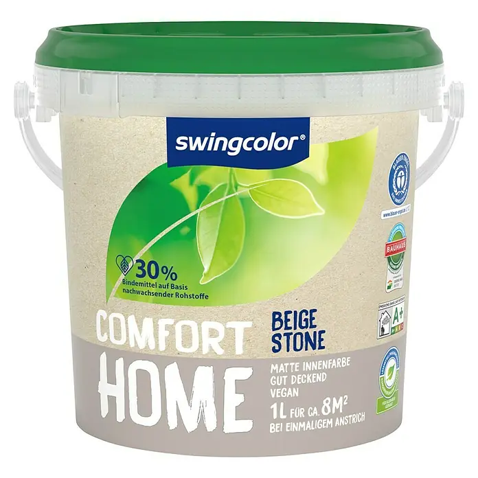 swingcolor Wandfarbe Comfort Home - Beige Stone, Stumpfmatt, 1 l, Konservierungsmittelfrei - Eimer Swingcolor Comfort Home Beige Stone Innenfarbe. Die vegane, matte Farbe deckt gut und ist für ca. 8m² bei einmaligem Anstrich geeignet.