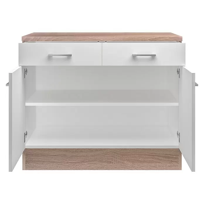 Flex-Well Samoa Küchen-Unterschrank Samoa - B x T x H: 100 x 60 x 85 cm, Weiß - Weißer und hellholzfarbener Schrank mit zwei Schubladen und zwei offenen Türen, die zwei Regalböden zeigen.