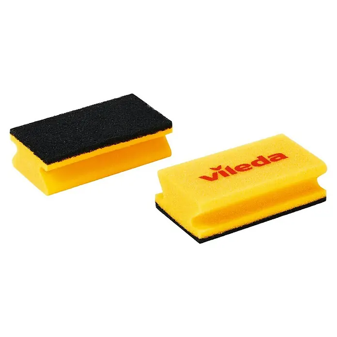 Vileda Glitzi Spülschwamm Jumbo kräftig - 3 Stk. - Zwei Vileda-Putzschwämme in Gelb und Schwarz, einer mit Vileda-Logo, zum einfachen Reinigen verschiedener Oberflächen im Haushalt.