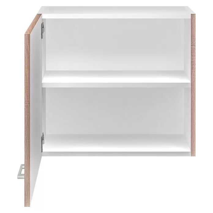 Flex-Well Samoa Singleküche - Breite: 210 cm, Weiß/Braun, Mit 2-Zonen-Glaskeramikkochfeld - Offener Hängeschrank mit zwei Regalböden, weißem Inneren und heller Holzoptik an der Türseite.