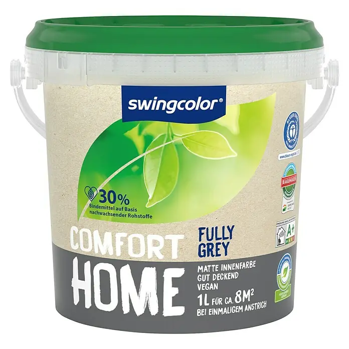 swingcolor Wandfarbe Comfort Home - Fully Grey, Stumpfmatt, 1 l, Konservierungsmittelfrei - Eimer Swingcolor Comfort Home "Fully Grey" Innenfarbe, matte, vegan, mit 30% nachwachsenden Rohstoffen. Für ca. 8m² bei einmaligem Anstrich.