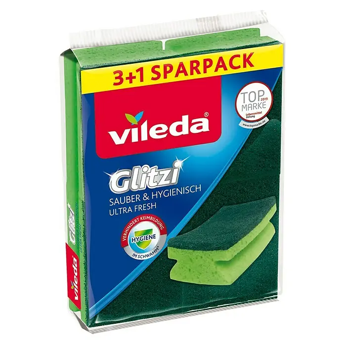 Vileda Glitzi Topfreiniger Sauber & Hygienisch Ultra Fresh 3+1 - 4 Stk. - Vileda Glitzi Scheuerschwamm 3+1 Sparpack: Ein saugstarker und hygienischer Schwamm für eine saubere Küche.