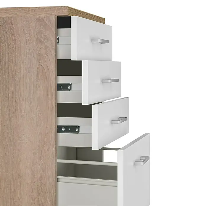 Flex-Well Samoa Küchen-Unterschrank Auszug - B x T x H: 50 x 60 x 85 cm, Weiß - Diese Aufnahme zeigt einen modernen Kommode mit vier Schubladen in verschiedenen Auszugspositionen, die die Funktionalität und das Design hervorheben.