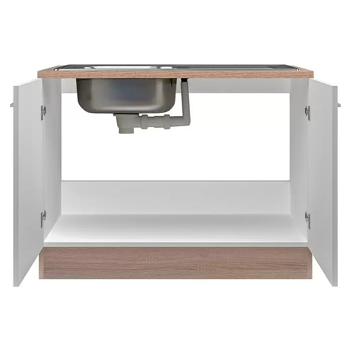 Flex-Well Samoa Spülenunterschrank Samoa - B x T x H: 100 x 60 x 85 cm, Weiß - Offener Spülenunterschrank: weißer Korpus, helle Holzplatte und Sockel, Metallspüle und Abflussrohr.