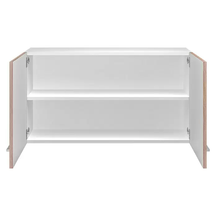 Flex-Well Samoa Singleküche - Breite: 210 cm, Weiß/Braun, Mit 2-Zonen-Glaskeramikkochfeld - Weißer Schrank mit zwei Einlegeböden und offenen, hellholzverkleideten Türen.