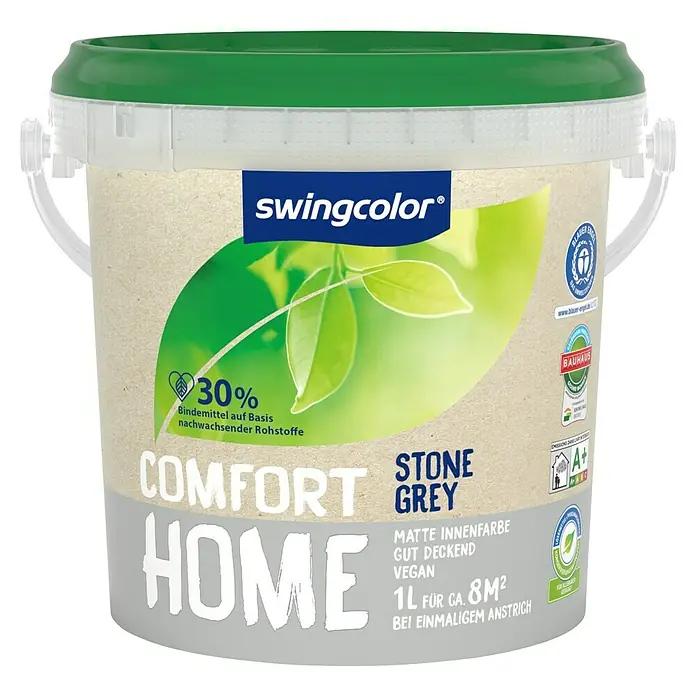 swingcolor Wandfarbe Comfort Home - Stone Grey, Stumpfmatt, 1 l, Konservierungsmittelfrei - Eimer Swingcolor Comfort Home Stone Grey Innenfarbe, matte, vegane Farbe für Wände und Decken, 1 Liter für ca. 8 m².
