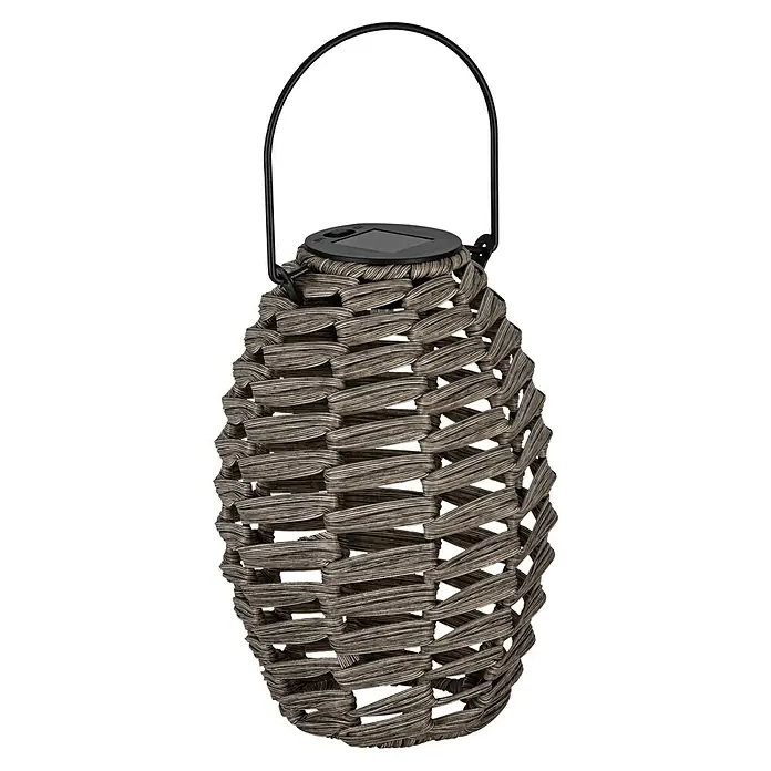 Eglo Lámpara de sobremesa solar Z_Solar - 6 W, Gris, IP44 - Primer plano de una linterna solar decorativa hecha de material tejido con asa de transporte negra para uso exterior.