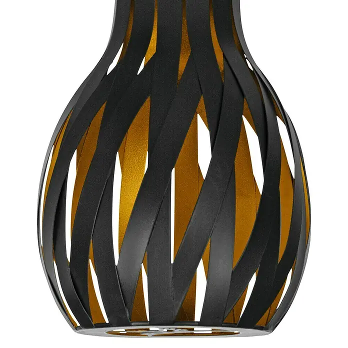 Eglo Lámpara de sobremesa solar Z_Solar - 0,06 W, Negro/Oro, IP44 - Primer plano de una lámpara moderna con un exterior negro retorcido y un interior dorado que emite una luz cálida.