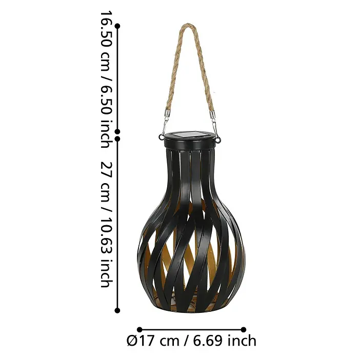 Eglo Lámpara de sobremesa solar Z_Solar - 0,06 W, Negro/Oro, IP44 - Elegante lámpara solar con carcasa metálica negra y sinuosa y asa de transporte de yute, ideal para jardín y terraza.