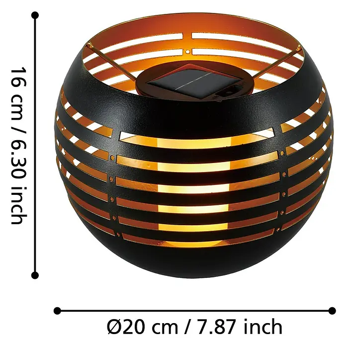 Eglo Lámpara de sobremesa solar Z_ Solar - 12 W, Negro - Imagen de una luz solar esférica negra con interior dorado y dimensiones de 20x16 cm.