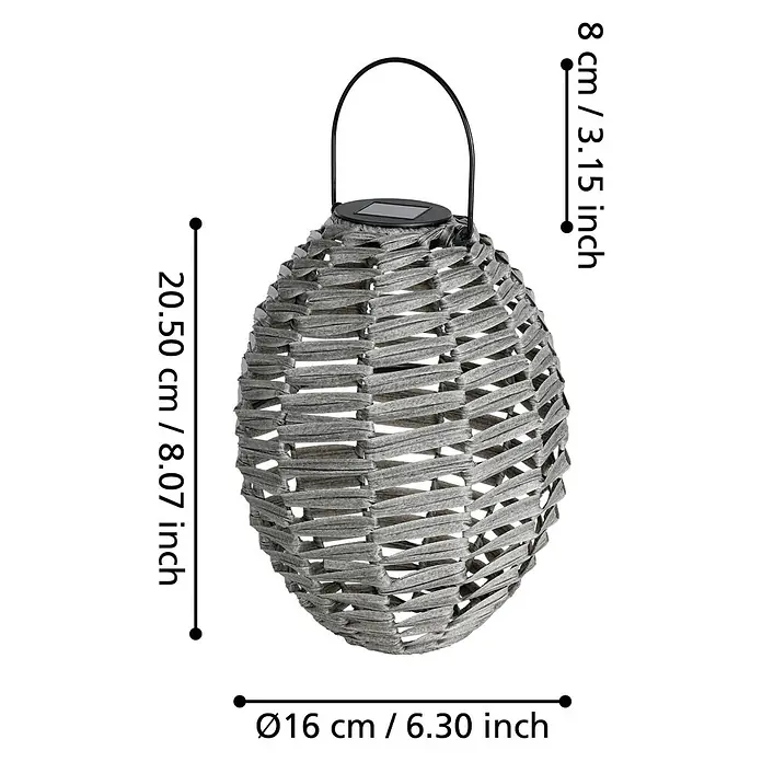Eglo Lámpara de sobremesa solar Z_Solar - 6 W, Gris, IP44 - Primer plano de una lámpara solar de ratán esférica gris con asa e indicaciones de tamaño.