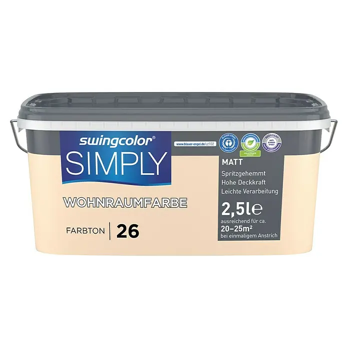 swingcolor Wandfarbe SIMPLY - Nr. 26, 2,5 l - Dose Swingcolor Simply Wohnraumfarbe, Farbton 26, für Innenräume, matt, 2,5 Liter, ergiebig für 20-25 m².