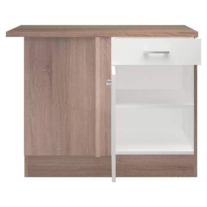 Flex-Well Samoa Eck-Unterschrank Samoa - B x T x H: 110 x 60 x 85 cm, Weiß - Kleiner Schrank in heller Holzoptik mit weißer Schublade und offenem Regalfach.