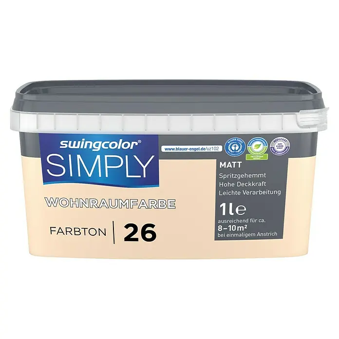 swingcolor Wandfarbe SIMPLY - Nr. 26, 1 l - Eimer Swingcolor Simply Wohnraumfarbe, Farbton 26, matt, 1 Liter. Ideal für Innenräume, mit hoher Deckkraft und leichter Verarbeitung.