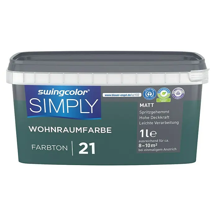 swingcolor Wandfarbe SIMPLY - Nr. 21, 1 l - Eine Dose Swingcolor Simply Wohnraumfarbe im Farbton 21, geeignet für Innenräume, matt, mit 1 Liter Inhalt und einer Reichweite von 8-10 m².