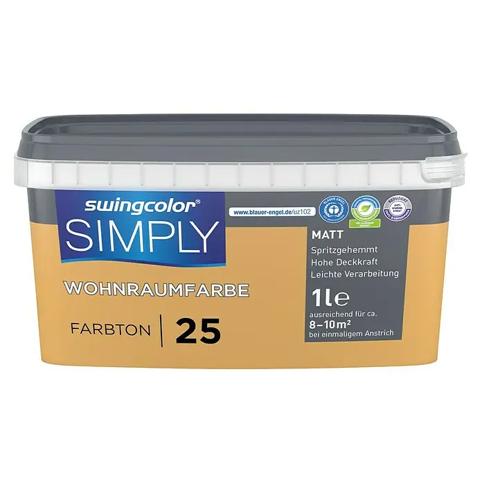swingcolor Wandfarbe SIMPLY - Nr. 25, 1 l - Farbdose Swingcolor Simply Wohnraumfarbe Farbton 25, matt, spritzgehemmt, hohe Deckkraft, leichte Verarbeitung, Inhalt 1 Liter, für ca. 8-10 m².