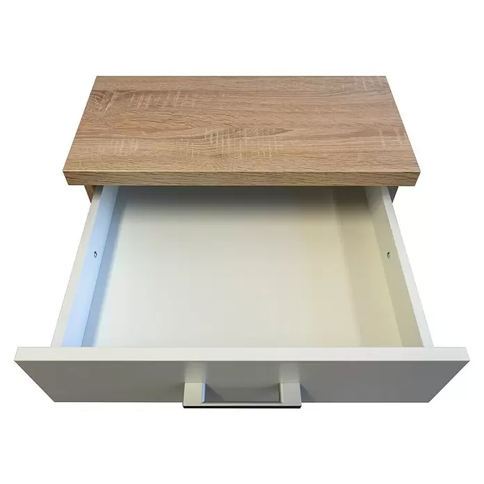 Flex-Well Samoa Singleküche - Breite: 210 cm, Weiß/Braun, Mit 2-Zonen-Glaskeramikkochfeld - Eine offene Schublade mit heller Holzmaserung oben, weißem Innenraum und weißer Front mit schwarzem Griffdetail.