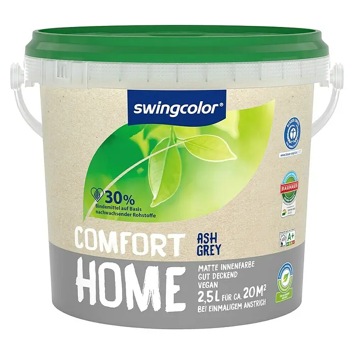 swingcolor Wandfarbe Comfort Home - Ash Grey, Stumpfmatt, 2,5 l, Konservierungsmittelfrei - Eimer Swingcolor Comfort Home Farbe in Aschgrau, matte Innenfarbe, vegan, 2,5L für ca. 20m².