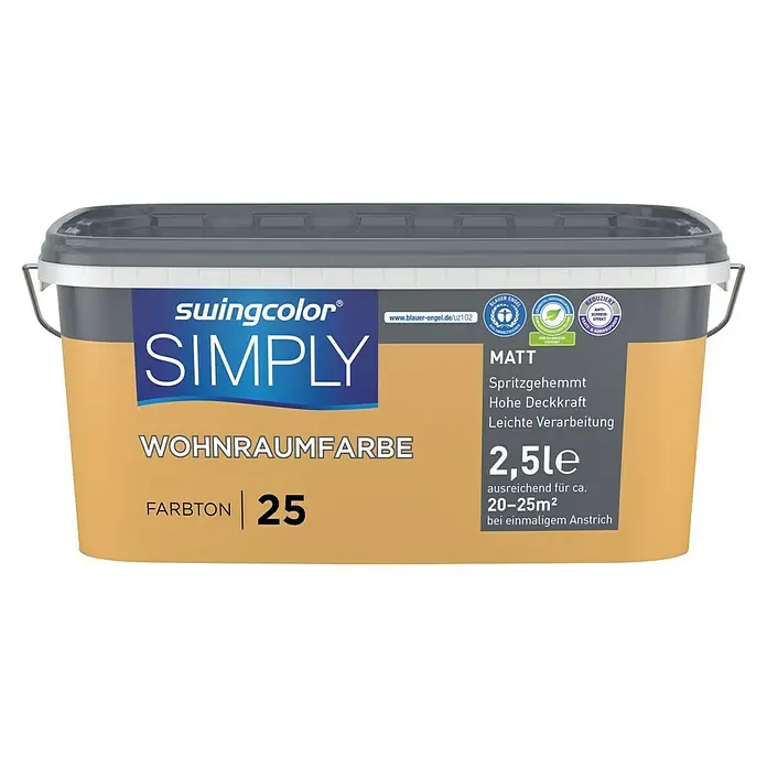 swingcolor Wandfarbe SIMPLY - Nr. 25, 2,5 l - Eimer Swingcolor Simply Wohnraumfarbe Farbton 25. Die Farbe ist matt und ideal für Innenräume, hohe Deckkraft und leichte Verarbeitung.