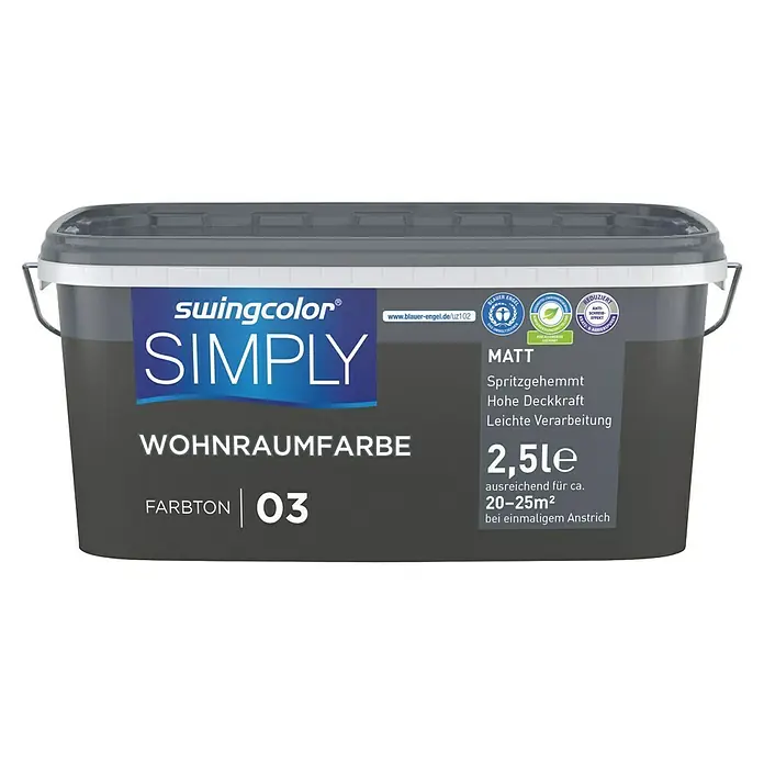 swingcolor Wandfarbe SIMPLY - Nr. 03, 2,5 l - Eimer Swingcolor Simply Wohnraumfarbe Matt Farbton 03, 2,5 Liter. Für Innenräume, spritzgehemmt und mit hoher Deckkraft, leichte Verarbeitung.
